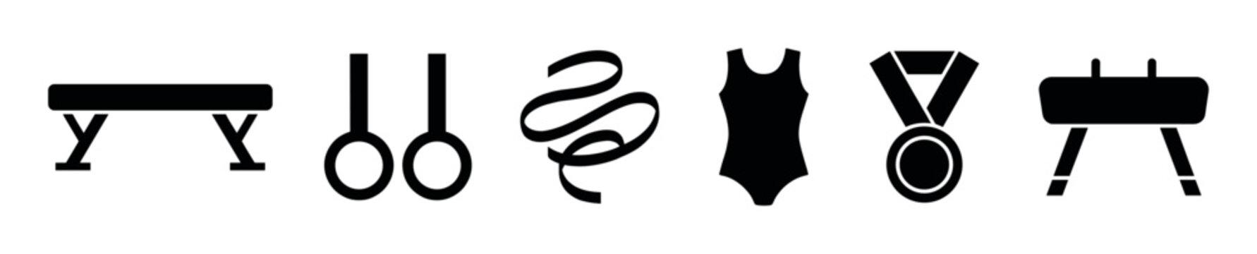 Set of black gymnastics sport icons featuring a balance beam, rings, ribbon, leotard, medal, and pommel horse in a minimalist glyph style for athletic competition concepts