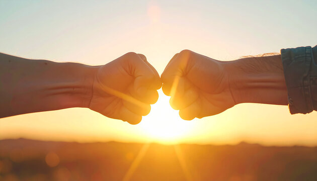 Two people bumping fists. Support, cooperation and partnership success, glowing horizon in background