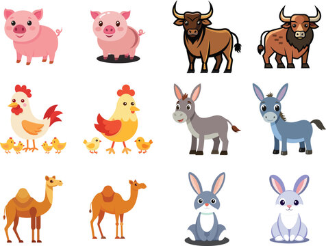 Vector Illustration of 12 Domestic catroon Animals, Donkey, Camel, Buffalo, Pig, Rabbit, Hen.