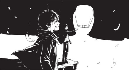 Vector illustration of a man looking at a glowing lantern in the dark © Uttam