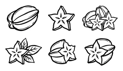 Naklejka premium Hand-drawn star fruit illustrations set in a bold black outline sketch style showing whole carambola, star-shaped slices, and compositions with leaves