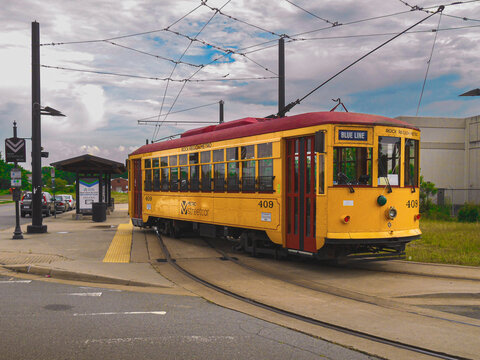 Little Rock, AR&mdash;May 20, 2018; Rock Region METRO streetcar number 409 operating on the Blue Line at a station stop in downtown Little Rock, Arkansas.