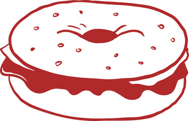 Bagel sandwich drawing. Whimsical cafe, bakery and patisserie vintage line art series.