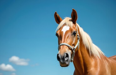 Obraz premium Brown horse with blonde mane, white blaze stands outdoors. Gentle equine looks forward against clear blue sky. Animal wears halter, shows calm demeanor. Features striking eye, textured coat, alert