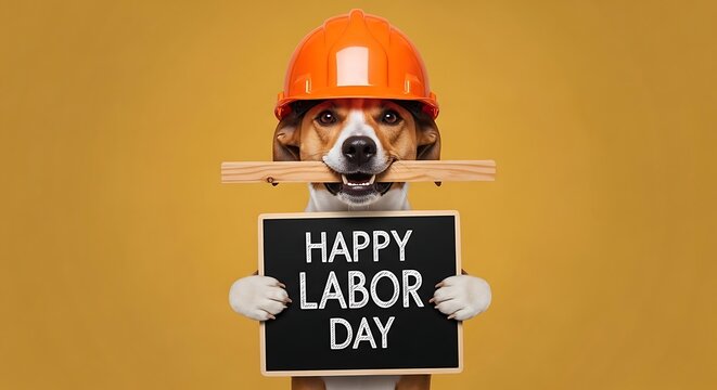 Happy labor day celebration with a dog in a hard hat