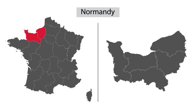 Map of Normandy Region in France Showing Location and Administrative Departments Highlighted