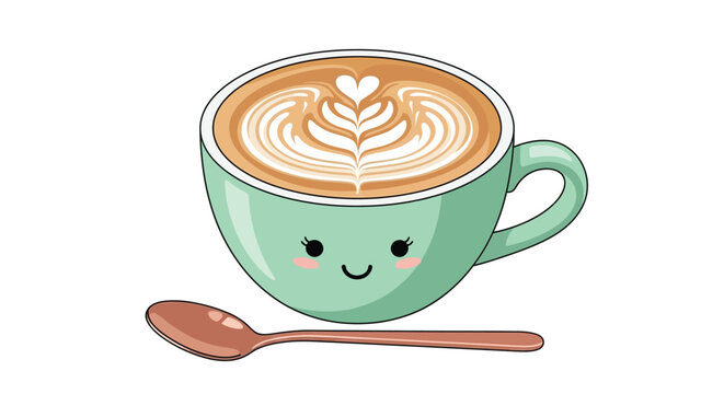 Cute cartoon illustration of a green mug filled with latte art coffee
