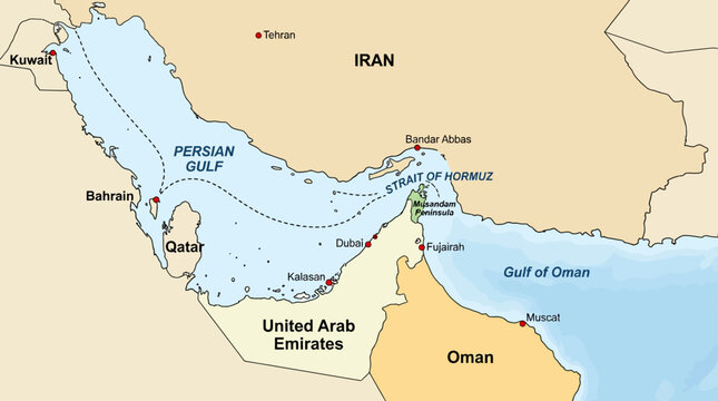 Geopolitical Map of Persian Gulf and Strait of Hormuz featuring Iran, United Arab Emirates, Qatar, Oman, and Kuwait - Regional Shipping and Logistics Illustration
