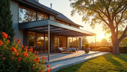 Fototapeta premium Modern house with patio and translucent roof provides open space for outdoor living. Large windows reflect trees and sunset. Lush garden surrounds home.