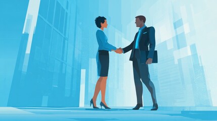 Obraz premium recruiter conducting job interview handshake on a blue business background ar 169