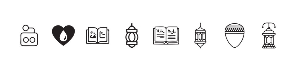 Obraz premium Arabic lantern and islamic religious book icons set for ramadan and eid celebration in line style