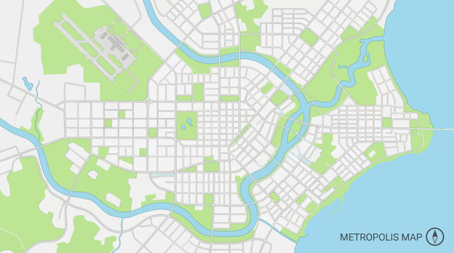 Abstract City Map Vector Illustration, Urban Planning Background with River, Green Parks and Airport, Metropolis Navigation Concept