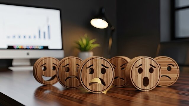 Wooden Emotion Faces Displaying Various Moods On Office Desk With Computer Screen