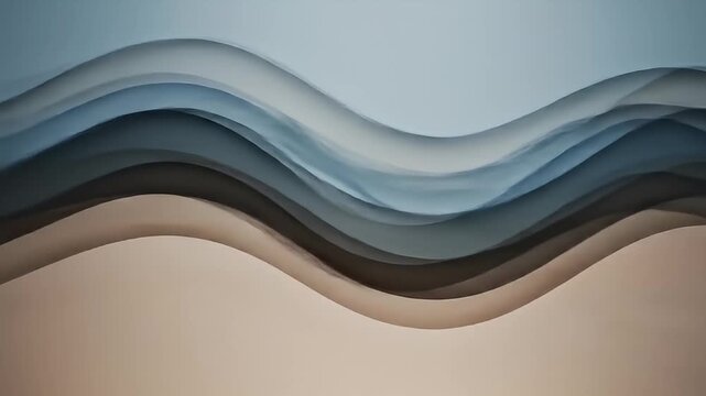 Translucent waves blend blue & beige, creating an abstract layered design