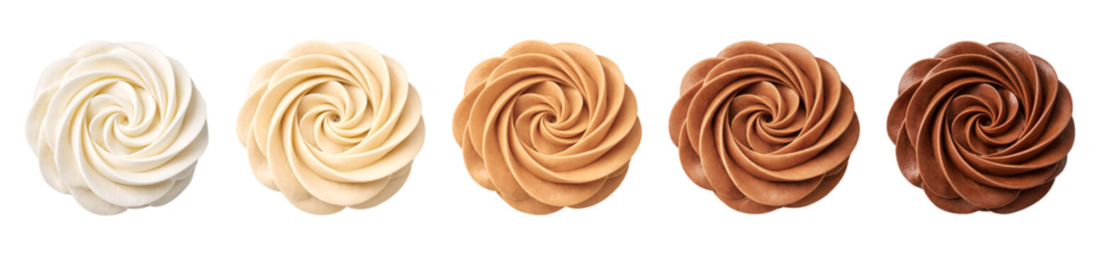Buttercream frosting swirl isolated on transparent background, decorative pastry element for cake decoration and bakery branding in chocolate and cream tones.