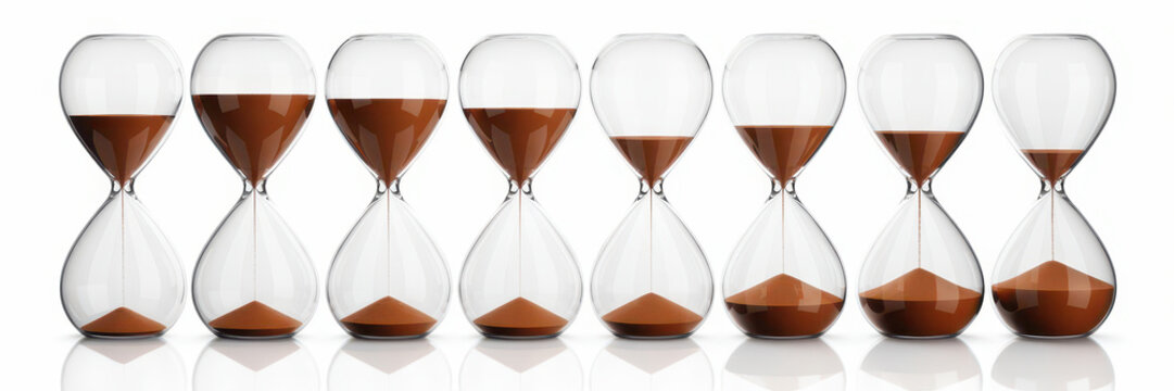 Row of glass hourglasses with brown sand on white background