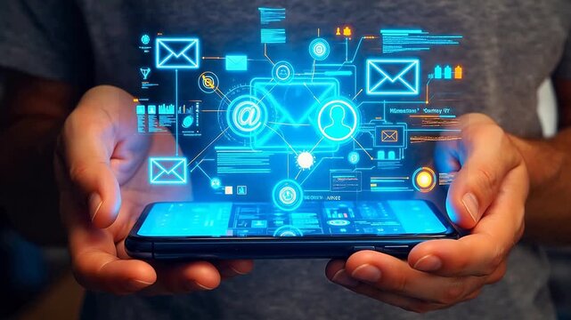 Hands holding smartphone with digital interface