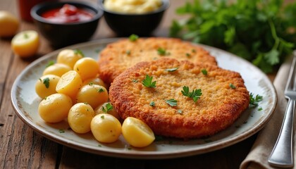 Two breaded pork cutlets served with boiled potatoes and parsley garnish. A side of ketchup and mashed potatoes adds appeal. This hearty meal is perfect for home dining and traditional cuisine lovers.