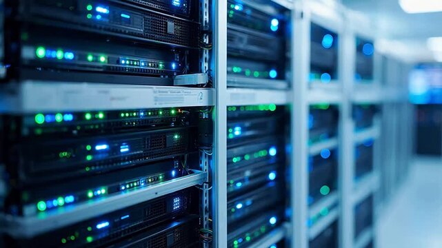 Rows of server racks with blinking lights