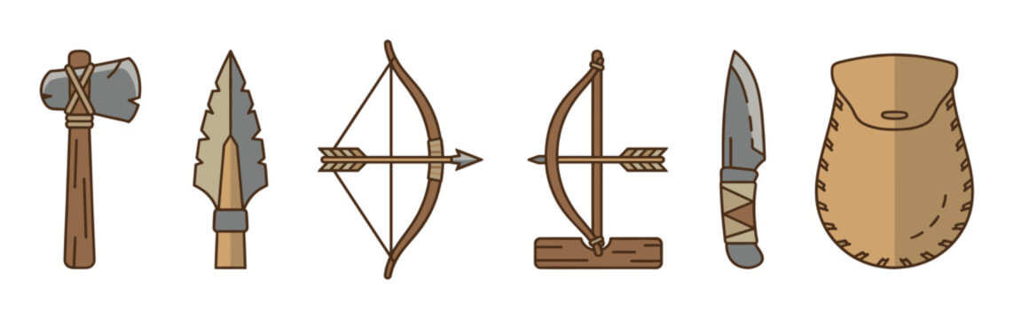 Primitive prehistoric hunting tools and weapons collection including a stone axe, spearhead, bow, arrow, knife, and leather pouch in a simple flat cartoon vector illustration style