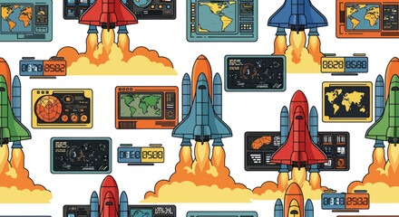 Colorful Cartoon Rockets and Spacecraft Icons. © A B I G A I L