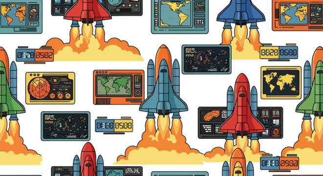 Colorful Cartoon Rockets and Spacecraft Icons.