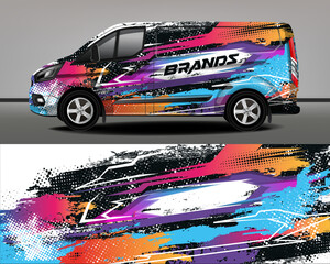 Cargo van wrap design. Graphic abstract stripes in white, purple, orange-yellow, and blue with grunge-style accents and white halftones on a white background for cars, rally cars, and racing vehicles. © Lelia Ledencova
