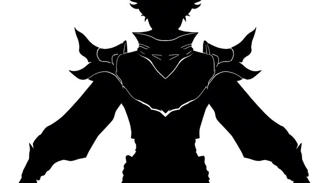 Silhouette of a character with elaborate shoulder armor, arms spread wide