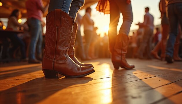 Brown leather cowboy boots on wooden floor at sunset. People dance country line dance, enjoying music and golden hour light. Western style footwear worn by couples in blurred background at event.