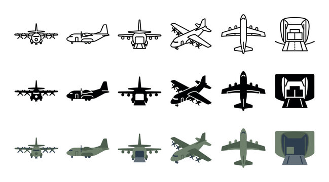 Military cargo aircraft icons in outline, silhouette, and flat color styles, showcasing multiple perspectives including front, side, top, isometric, and rear views with an open cargo ramp