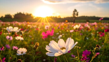 Fototapeta premium Beautiful field of colorful flowers under the sunset.