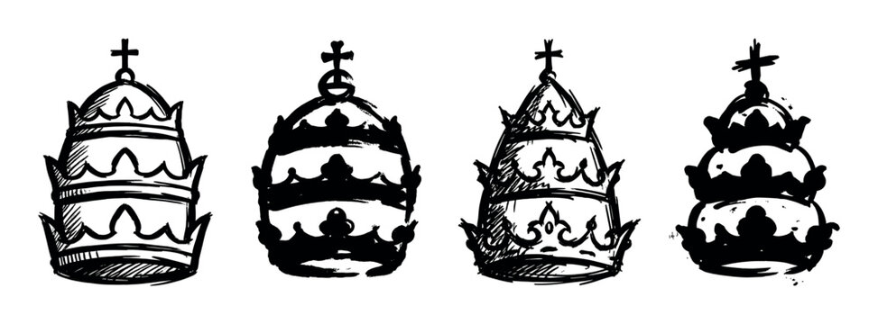 Four hand-drawn black-and-white papal tiaras with crosses are depicted in a rough, artistic ink sketch style, showcasing variations in their multi-tiered crown designs