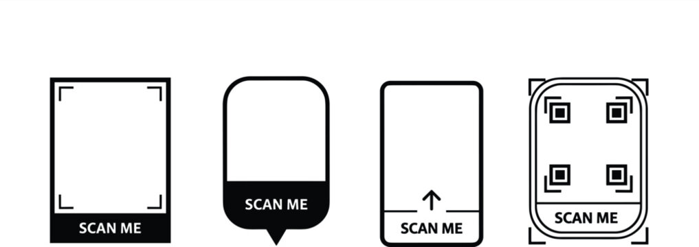 QR Code Scan Frame Icon Set Featuring Scan Me Mobile Scanner Frames and QR Code Symbols for App and Payment Design