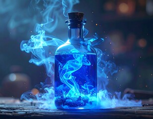 Mystical Blue Potion in a Glass Bottle with Smoke.