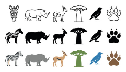 Fototapeta premium Various African safari animal and nature icons are presented in a grid, featuring outline, silhouette, and flat color styles for diverse design applications