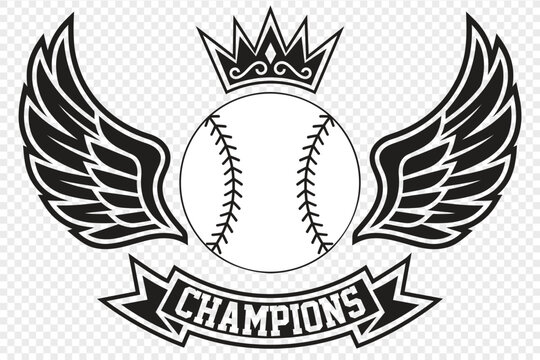 Stylized baseball icon with outstretched wings crown and champions banner representing victory