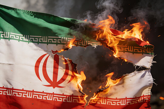 The Flag Of the Iranian Islamic Republic. Tearing apart and on fire.