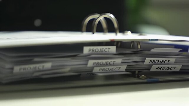 Binder full of project papers with tabs, focusing on office organization and documentation