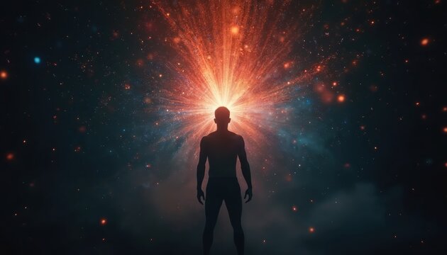 Silhouette of person radiating bright light from head. Cosmic background with colorful particles suggesting universal energy flow. Spiritual consciousness expanding outward into nebula.