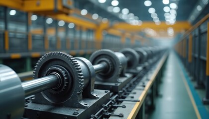 Fototapeta premium Factory assembly line with rows of metal gears on shafts. Industrial machinery operates in large manufacturing space. Heavy equipment on production floor.