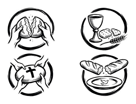 Four symbolic religious illustrations depicting communion elements with a hand-drawn style, showcasing hands breaking bread, a chalice, wheat, and a dove, conveying spiritual themes