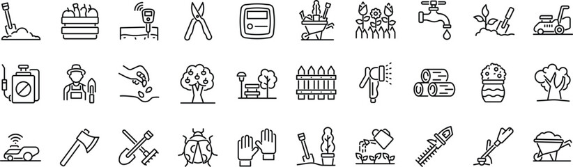Set of outline icons related to gardening, landscaping, farming. Linear icon collection. Editable stroke. Vector © hadidesign