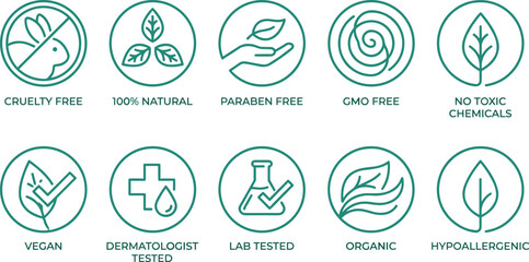 Natural cosmetic certification icon set, cruelty free, vegan, organic, GMO free, paraben free and lab tested eco product labels © Ariyan