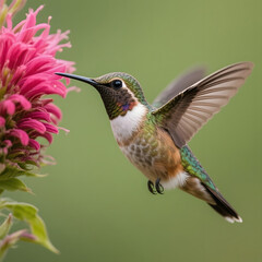 Fototapeta premium Hummingbird hovering near bright pink flower in a natural setting 