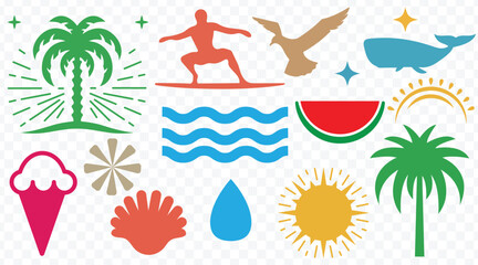 Collection of colorful summer icons and graphic elements for vacation and beach themes © MDAmanullah