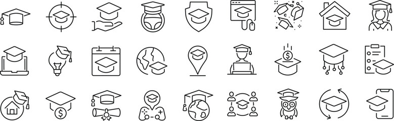 Set of outline icons related to graduation hat, education. Linear icon collection. Editable stroke. Vector © hadidesign