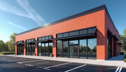 Obraz premium Modern red brick commercial structure with glass windows, black awnings, spacious parking lot for customer convenience. Building offers retail shop office rental opportunities, ideal for new business.