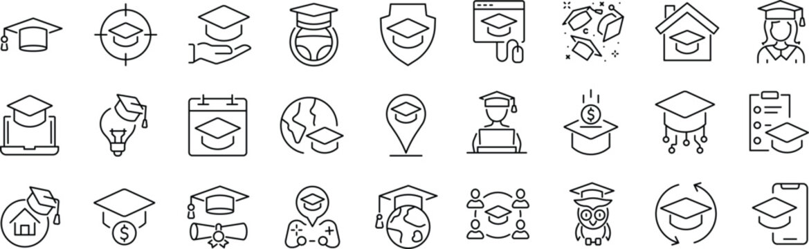 Set of outline icons related to graduation hat, education. Linear icon collection. Editable stroke. Vector