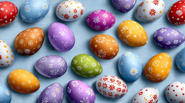 Colorful decorated Easter eggs with floral patterns arranged on a light blue background, showcasing various colors and designs for festive celebrations