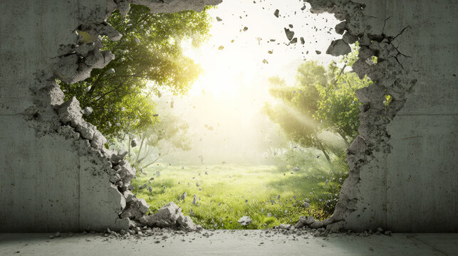 Concrete wall breaking open, revealing a bright green meadow with sunlight and trees, symbolizing freedom, change, opportunity